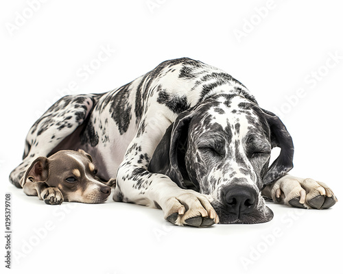 Serene Companions, A Gentle Giant Great Dane and a Chihuahua Puppy in Peaceful Slumber, Showcasing Inter-species Harmony and Affection photo