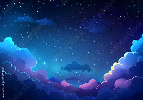 Serene Nightscape, Cartoon Clouds and Sparkling Stars Under a Deep Blue Sky, Creating a Dreamy and Whimsical Atmosphere Perfect for Children's Illustrations
