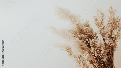 A delicate arrangement of dried plants is on display
