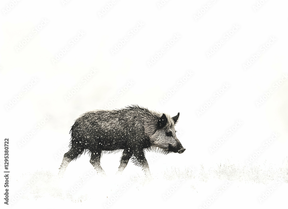 Solitary Wild Boar Foraging in Winter Snow, Minimalist Wildlife Scene Highlighting Resilience and Adaptation in Harsh Conditions, Serene Monochrome Animal Portrait Solitary Wild Boar Foraging in Winter Snow, Minimalist Wildlife Scene Highlighting Resilience and Adaptation in Harsh Conditions, Serene Monochrome Animal Portrait