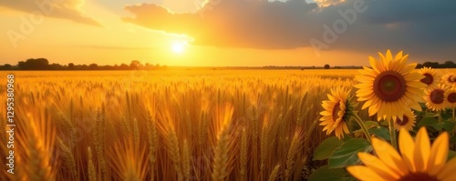 Golden wheat fields stretching towards the sun, golden wheat, sunflowers, fields of gold