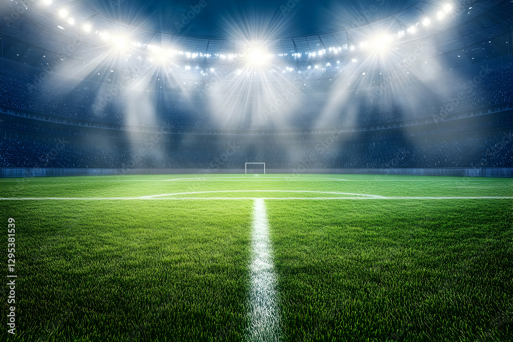 Obraz premium Spectacular view of a vibrant soccer stadium under bright lights, showcasing the lush green field and energetic atmosphere ready for an exciting match or event