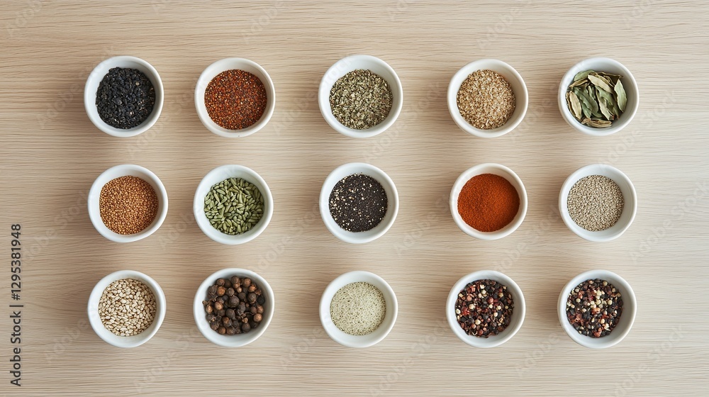 An overhead view of assorted spices in small bowls on a light wooden table, providing room for text. picture An overhead view of assorted spices in small bowls on a light wooden table, providing room for text. picture