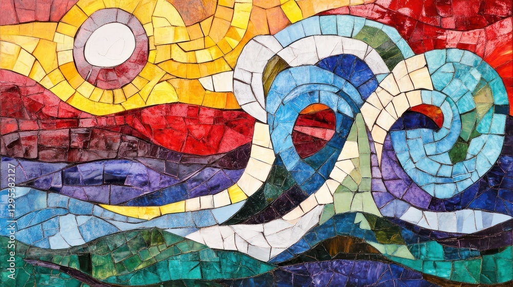 Obraz premium Vibrant mosaic depicts sun waves and landscape scene