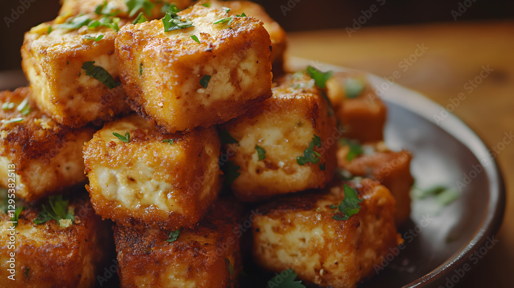 Delicious golden fried tofu cubes stacked, garnished with fresh parsley, a culinary delight Delicious golden fried tofu cubes stacked, garnished with fresh parsley, a culinary delight