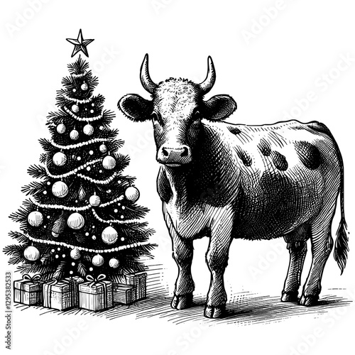 Cow Christmas line art drawing ink sketch vector hand drawn illustration background