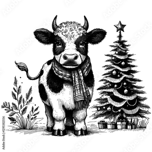 Cow Christmas line art drawing ink sketch vector hand drawn illustration background