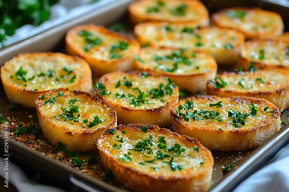 Baked Garlic Bread Slices Garnished With Fresh Chopped Parsley Baked Garlic Bread Slices Garnished With Fresh Chopped Parsley