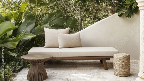 A serene outdoor bench with a neutral cushion and a small side table. picture