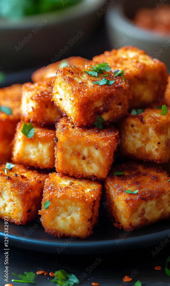 Delicious golden fried tofu cubes stacked, garnished with fresh parsley, presented beautifully Delicious golden fried tofu cubes stacked, garnished with fresh parsley, presented beautifully