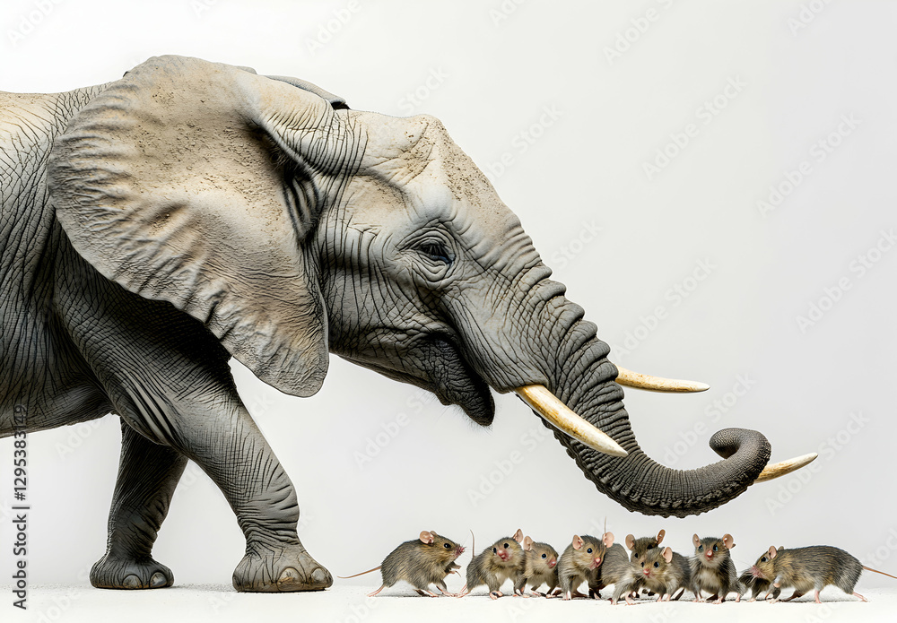 Fototapeta premium Symbolic Representation of Size and Power Dynamics, An Elephant Confronting a Multitude of Mice, Illustrating David versus Goliath Metaphor and Dominance