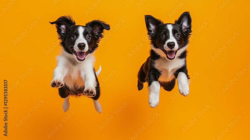 Obraz premium Energetic border collie and labrador retriever puppies leaping through air against neon yellow to orange gradient backdrop, synchronized jumping motion, expressive happy faces, flying fur effect,
