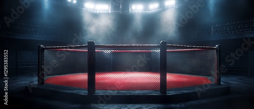 Empty boxing ring in dimly lit arena. photo