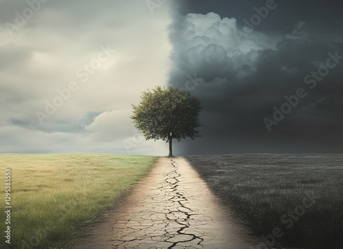 The duality of life, light and darkness, hope and despair concept featuring a solitary tree standing on a path separating contrasting landscapes offering a powerful visual metaphor photo