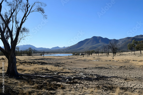 The Parched Earth, Exploring the Effects of Drought on the Australian Landscape with a View of Dry Cracked Land and Distant Blue Mountains Backdrop photo