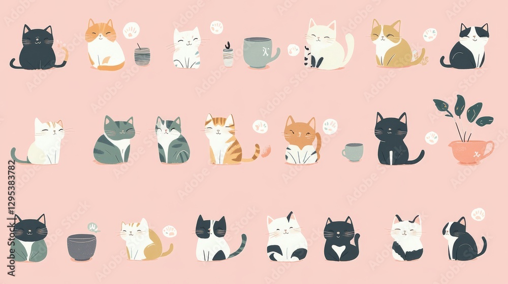 Fototapeta premium Kawaii style cat character illustrations arranged in grid layout, simple geometric shapes, hand-drawn aesthetic, minimal details with round soft features, pastel muted color scheme, comfortable