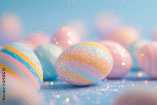 A close-up of an Easter egg surrounded by candy-colored striped eggs, with holographic glitter and shimmering sparkles creating a magical atmosphere.