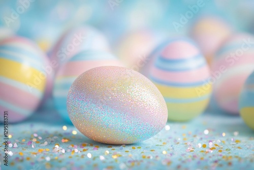 A close-up of an Easter egg surrounded by candy-colored striped eggs, with holographic glitter and shimmering sparkles creating a magical atmosphere.