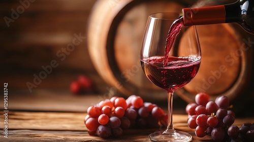 Pouring red wine into a glass with grapes.