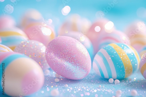 A close-up of an Easter egg surrounded by candy-colored striped eggs, with holographic glitter and shimmering sparkles creating a magical atmosphere.