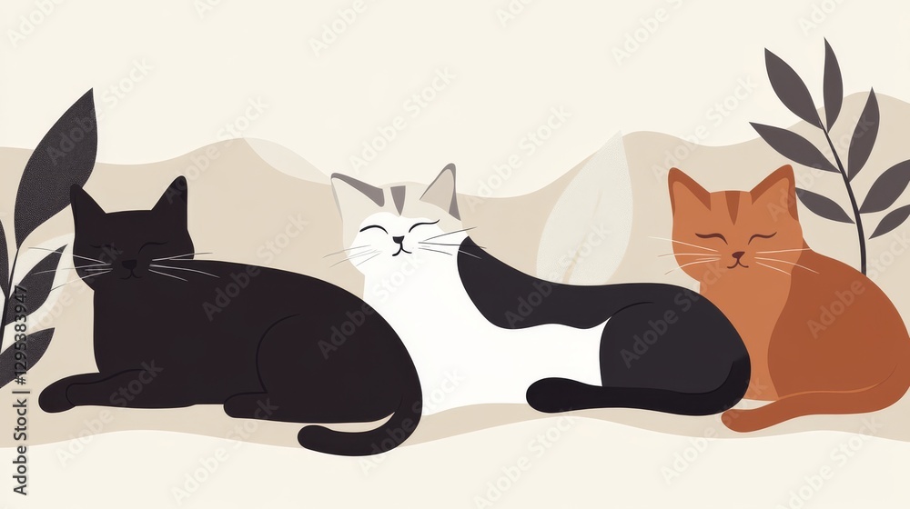 Fototapeta Modern minimal vector art of cats lounging and sitting, simplified shapes with personality, gentle curves and smooth lines, earth tone color palette, flat design illustration, calming peaceful mood,