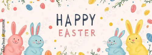 Happy Easter banner with cute pastel-colored bunnies and text HAPPY EASTER. Pastel background with copy space, flat lay. Abstract pattern of colored dots. Colorful Easter concept.