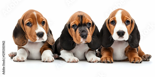 Three adorable basset hound puppies lying side by side, their droopy ears and soulful eyes capturing hearts in a heartwarming portrait of canine companionship