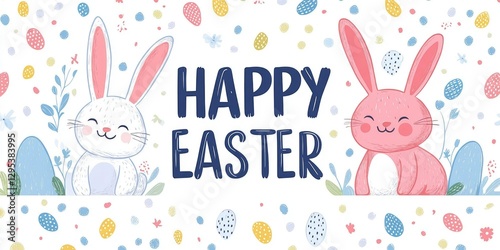 Happy Easter banner with cute pastel-colored bunnies and text HAPPY EASTER. Pastel background with copy space, flat lay. Abstract pattern of colored dots. Colorful Easter concept.
