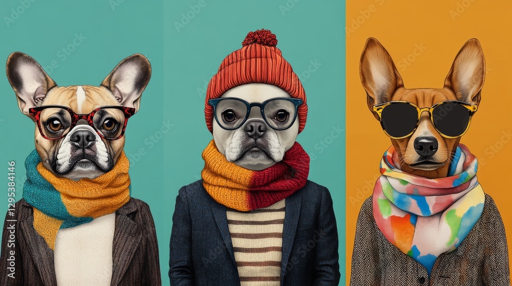 Fototapeta premium Playful set of anthropomorphic dog characters in trendy outfits, french bulldog wearing hipster beanie and striped sweater, golden retriever in classic tweed blazer and tortoise shell glasses,
