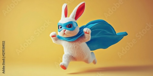 Superhero flying rabbit with blue cloak and mask. Cute bunny in an action pose, isolated on a light background, perfect for an Easter celebration banner.