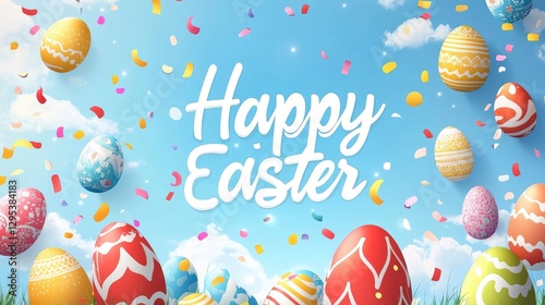 illustration of a Happy Easter background with colorful eggs and confetti, the text Happy Easter in a white calligraphic font on a blue sky background.