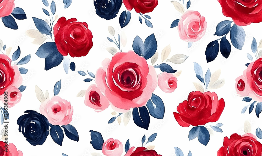 Naklejka premium Watercolor seamless pattern featuring red, pink, and navy roses with elegant foliage; perfect for fabric, paper, and digital design projects.