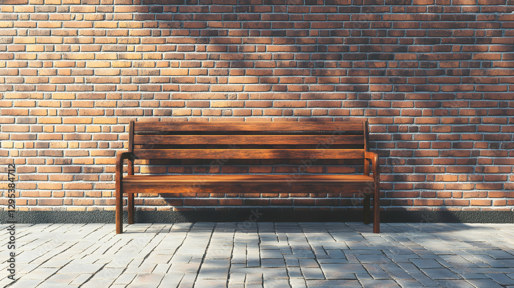 Tranquil Urban Oasis, A Wooden Bench Against a Weathered Brick Wall, bathed in soft Sunlight, Inviting Relaxation and Contemplation in an Outdoor City Space
