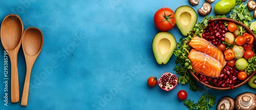 Panel kuchenny z motywem Vibrant and Healthy Food Composition Featuring Salmon, Avocado, and Fresh Vegetables on a Textured Blue Background for Wellness and Culinary Concepts