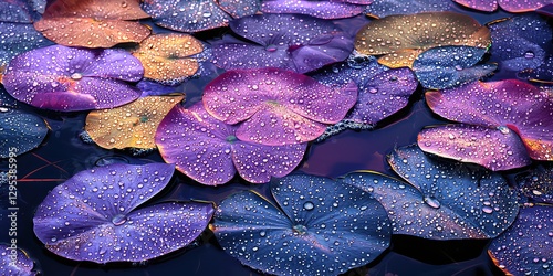 Glistening droplets scattered across a pondâ€™s lily pads at dawn photo