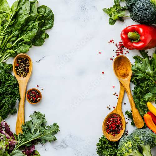 Vibrant array of fresh vegetables and spices arranged on a white marble surface, showcasing healthy eating, culinary diversity and seasonal ingredients perfect for food blogs photo