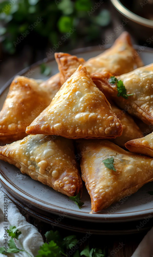 Crispy, golden brown samosas piled high on a rustic plate, garnished with fresh cilantro Crispy, golden brown samosas piled high on a rustic plate, garnished with fresh cilantro