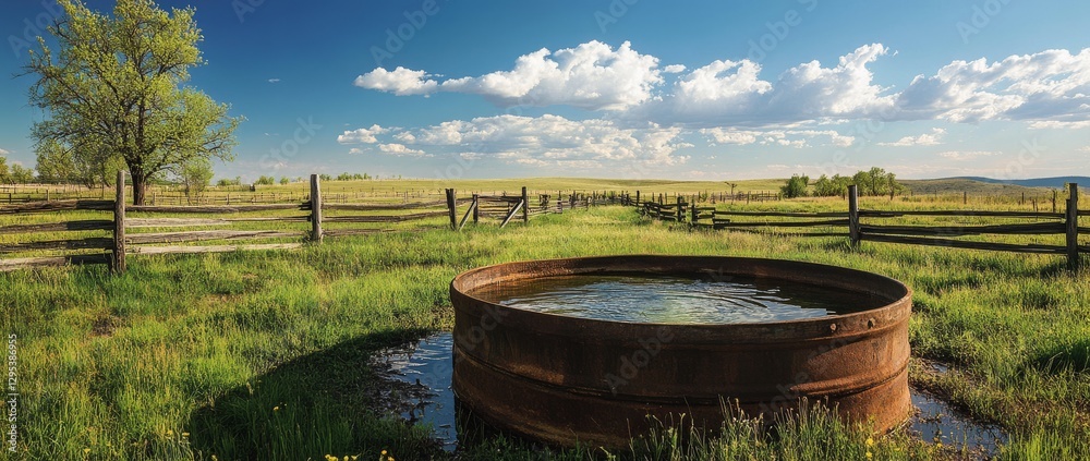 Reflective water in an old tank at sunrise in a serene meadow Reflective water in an old tank at sunrise in a serene meadow