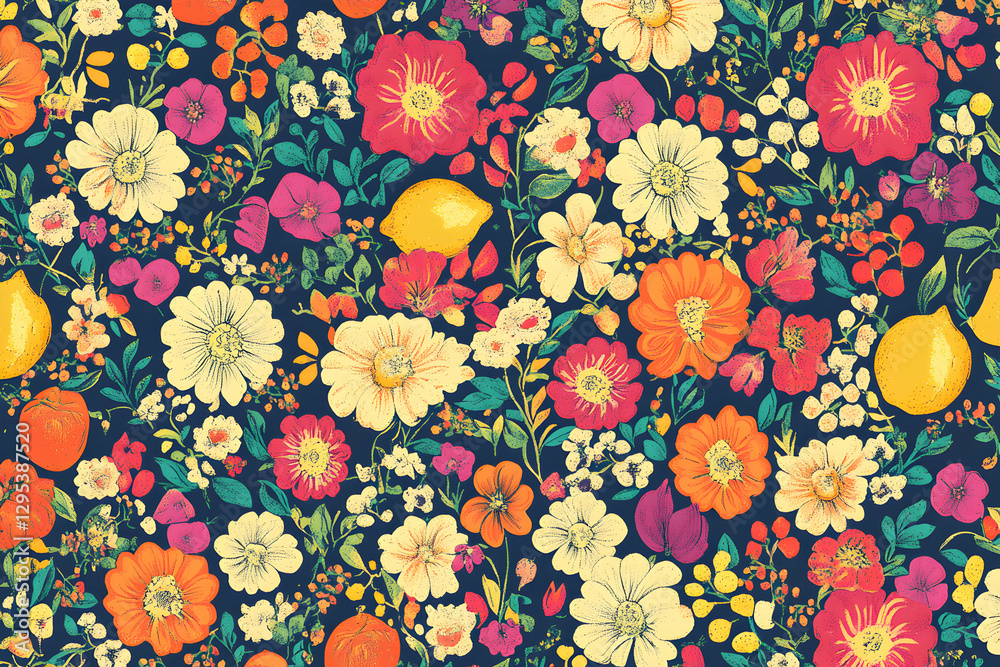 Vibrant Floral and Fruit Pattern, A Cheerful Composition with Daisies, Poppies, Lemons, and Mandarins for Wallpaper, Textile Design, and Decorative Arts Vibrant Floral and Fruit Pattern, A Cheerful Composition with Daisies, Poppies, Lemons, and Mandarins for Wallpaper, Textile Design, and Decorative Arts