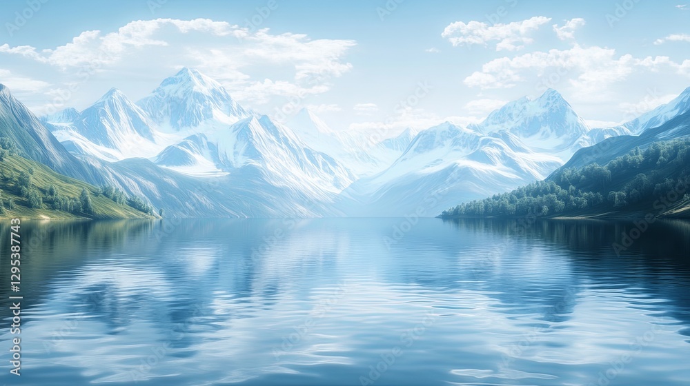 A serene mountain lake with soft reflections of snow-capped peaks under a clear sky. picture A serene mountain lake with soft reflections of snow-capped peaks under a clear sky. picture