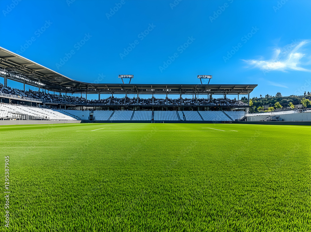Vibrant Green Field and Packed Stadium Seating under a Clear Blue Sky, A Perfect Day for Football or Soccer Spectacle in a State-of-the-Art Venue Vibrant Green Field and Packed Stadium Seating under a Clear Blue Sky, A Perfect Day for Football or Soccer Spectacle in a State-of-the-Art Venue