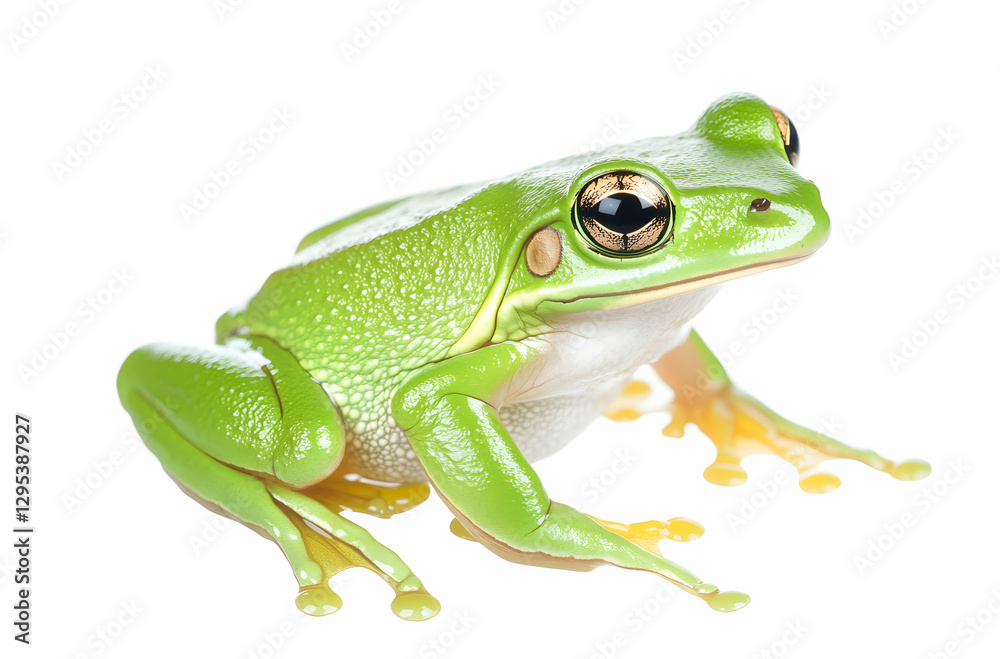 Vibrant green tree frog portrait showcasing its smooth skin, distinctive golden eyes, and unique toe pads against a clean white backdrop, studio shot Vibrant green tree frog portrait showcasing its smooth skin, distinctive golden eyes, and unique toe pads against a clean white backdrop, studio shot