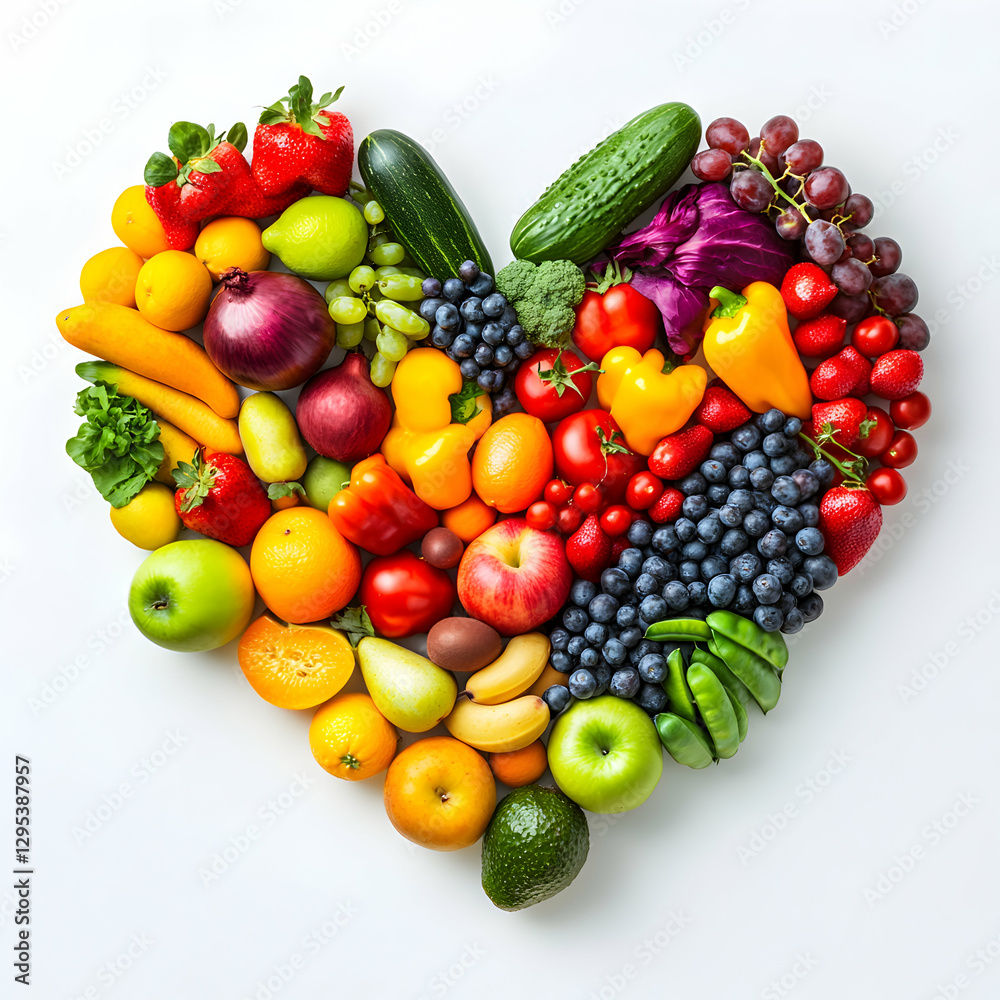Vibrant Heart of Health, A Colorful Array of Fresh Fruits and Vegetables Symbolizing Wellness and a Balanced Diet for a Healthy Lifestyle, full of vitamins Vibrant Heart of Health, A Colorful Array of Fresh Fruits and Vegetables Symbolizing Wellness and a Balanced Diet for a Healthy Lifestyle, full of vitamins