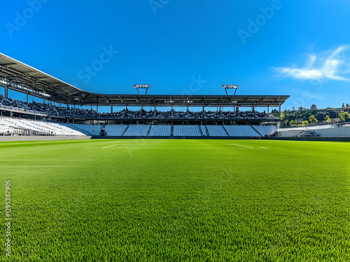 Vibrant Green Field and Packed Stadium Seating under a Clear Blue Sky, A Perfect Day for Football or Soccer Spectacle in a State-of-the-Art Venue