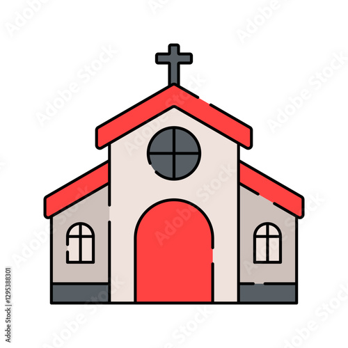 Church Flat design style, red and white building with a cross, representing Christian places of worship, great for religious designs, faith-related content, and educational materials.
