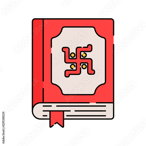 Hindu Scripture Flat design style, red book with a Swastika, representing Hindu sacred texts, ideal for spiritual education, Hindu culture, and religious illustrations.