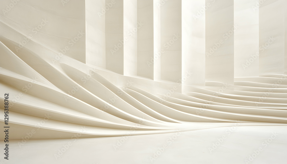 Obraz premium Abstract architectural design, flowing curves and vertical lines in creamy white tones, modern minimalist interior design.