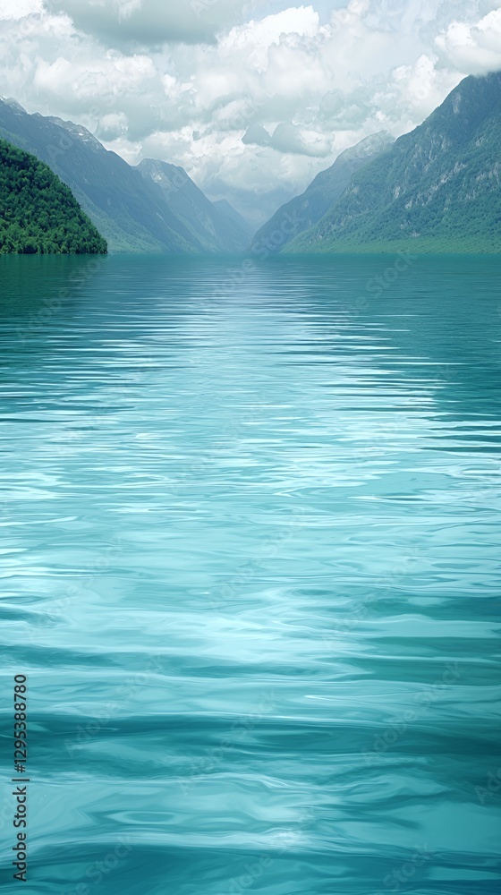 Serene Blue Lake Landscape with Green Mountains Under Cloudy Sky Serene Blue Lake Landscape with Green Mountains Under Cloudy Sky