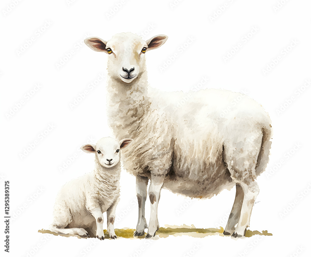 Watercolor Illustration of a Ewe Sheep with Her Lamb on White Background, Depicting the Strong Bond Between Mother and Baby in a Gentle Farm Setting Watercolor Illustration of a Ewe Sheep with Her Lamb on White Background, Depicting the Strong Bond Between Mother and Baby in a Gentle Farm Setting