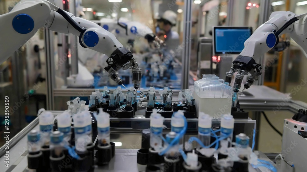 In a high-tech facility, robotic arms efficiently assemble components for hydrogen fuel cells, highlighting advanced clean energy technology in action during daytime operations In a high-tech facility, robotic arms efficiently assemble components for hydrogen fuel cells, highlighting advanced clean energy technology in action during daytime operations